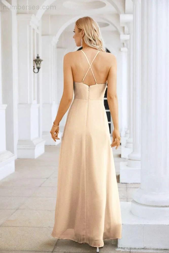Ladies Chiffon Spaghetti Strap V Neck Front Slit Floor Length Bridesmaid Evening Dress Prom Party Wedding Evening Dress 28116 by numbersea