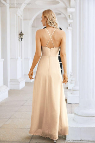 Ladies Chiffon Spaghetti Strap V Neck Front Slit Floor Length Bridesmaid Evening Dress Prom Party Wedding Evening Dress 28116