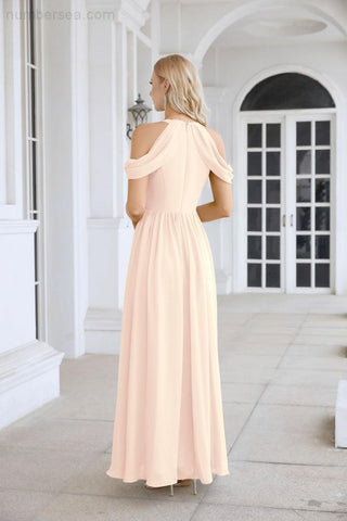 Ladies Chiffon Off Shoulder Swing Sleeve Front Slit Bridesmaid Evening Dress Wedding Party Evening Dress 28117