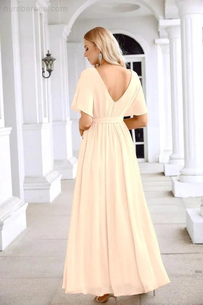 Ladies Chiffon Sleeve Crew Neck Front Slit Floor Length Bridesmaid Evening Dress Wedding Party Evening Dress 28124 by numbersea