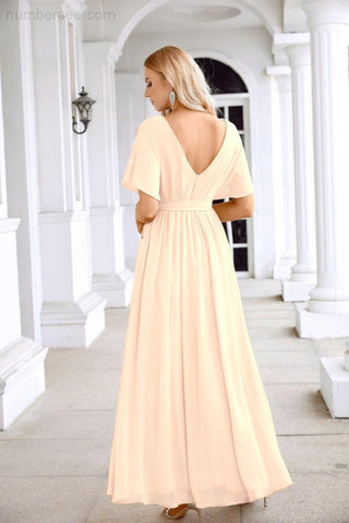 Ladies Chiffon Sleeve Crew Neck Front Slit Floor Length Bridesmaid Evening Dress Wedding Party Evening Dress 28124
