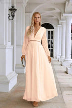 Ladies V Neck Chiffon Long Sleeve Front Slit Bridesmaid Evening Dress Wedding Party Shopping Evening Dress 28109 by numbersea