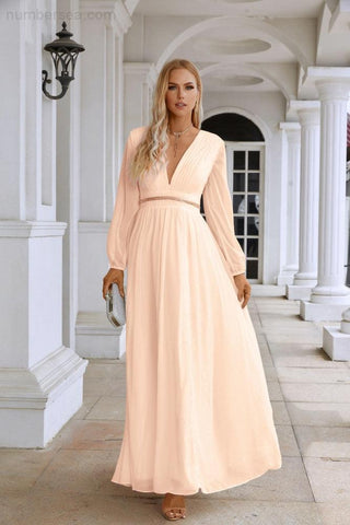 Ladies V Neck Chiffon Long Sleeve Front Slit Bridesmaid Evening Dress Wedding Party Shopping Evening Dress 28109