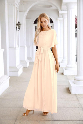 Ladies Chiffon Sleeve Crew Neck Front Slit Floor Length Bridesmaid Evening Dress Wedding Party Evening Dress 28124