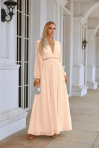 Ladies V Neck Chiffon Long Sleeve Front Slit Bridesmaid Evening Dress Wedding Party Shopping Evening Dress 28109 by numbersea