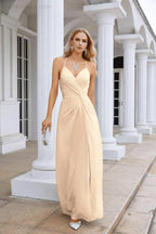 Ladies Chiffon Spaghetti Strap V Neck Front Slit Floor Length Bridesmaid Evening Dress Prom Party Wedding Evening Dress 28116 by numbersea