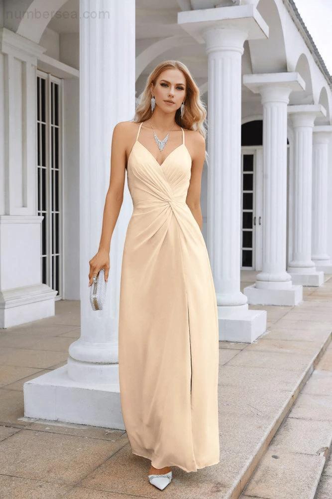 Ladies Chiffon Spaghetti Strap V Neck Front Slit Floor Length Bridesmaid Evening Dress Prom Party Wedding Evening Dress 28116 by numbersea