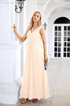 Ladies Chiffon V Neck Sleeveless Floor Length Bridesmaid Evening Dress Wedding Party Evening Dress 28126 by numbersea