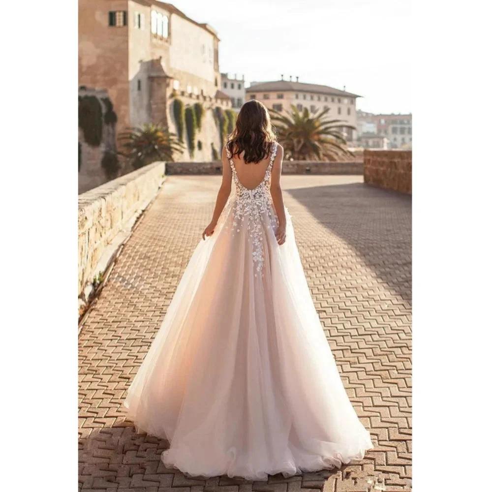 Wedding Dresses Beach Wedding Women Sexy V Large Decal 3D Flower Tulle Sleeveless Bridal Gowns Vestido De Novia Robe Mariée by payinti
