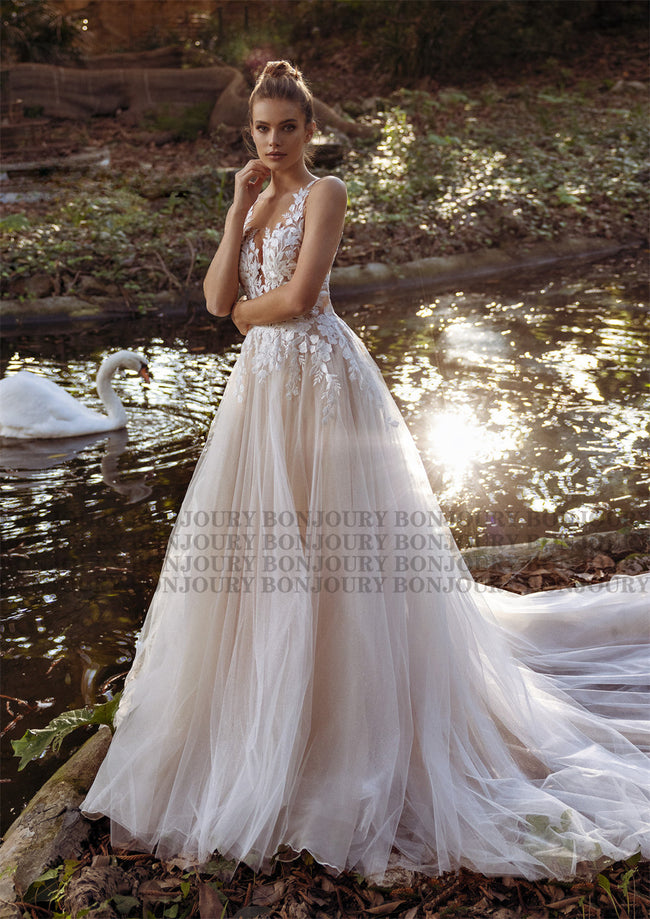 Pastrol Wedding Dress V-neck Tank Sleeveless 2023 For Women Bridal Vestidos De Noiva Custom Made Appliques Formal Main Image