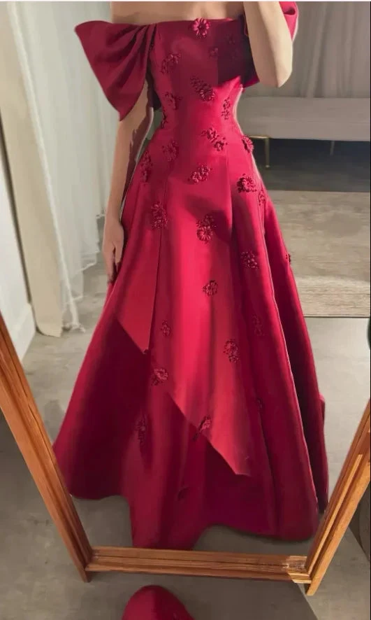 Elegant Burgundy 3D Flowers Off Shoulder Evening Dress A Line Prom Dress Y7637 by simplepromdress