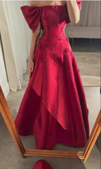 Elegant Burgundy 3D Flowers Off Shoulder Evening Dress A Line Prom Dress Y7637 by simplepromdress