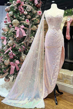 Pink Sequin Lace Sweetheart High-Low Prom Dress with Attached Train by KissProm