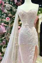 Pink Sequin Lace Sweetheart High-Low Prom Dress with Attached Train by KissProm