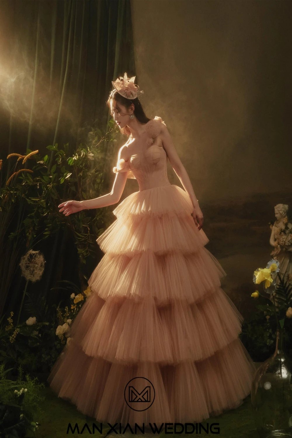Ethereal Blush Strapless Tulle Ball Gown with 3D Floral Accents & Tiered Ruffles by ZAPDRESS