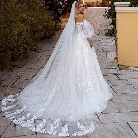 Vestido de novia de princesa de tul ilusión, mangas abullonadas, hombros descubiertos, escote corazón, apliques de encaje, vestidos de novia 