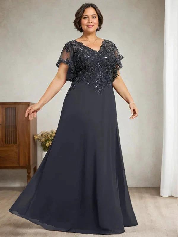 A-line V-Neck Floor-Length Lace Chiffon Mother of the Bride Dress With Sequins by Dreamylily