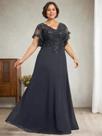 A-line V-Neck Floor-Length Lace Chiffon Mother of the Bride Dress With Sequins by Dreamylily