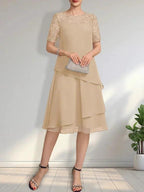 A-line Scoop Illusion Knee-Length Lace Chiffon Mother of the Bride Dress With Sequins by Dreamylily