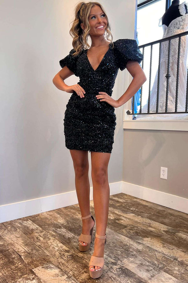 Black Sequin V-Neck Short Sleeve Homecoming Dress Hover Image