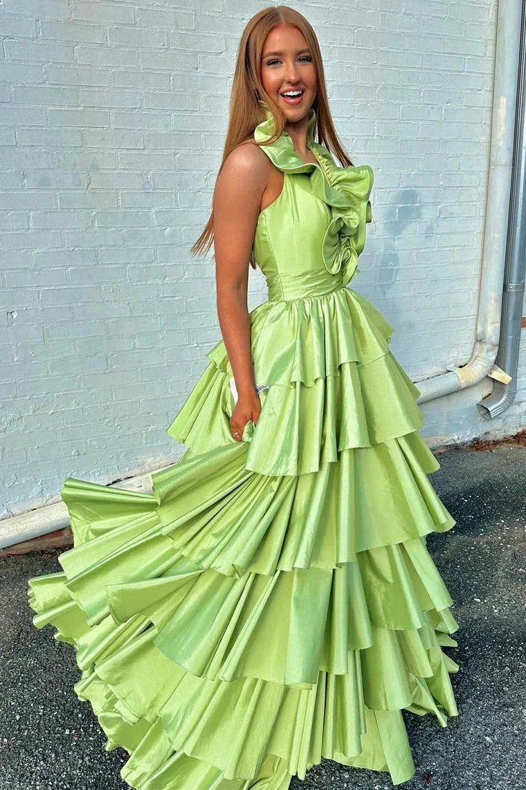 Flora | Halter Red Ruffle Tiered A-Line Prom Dress by KissProm