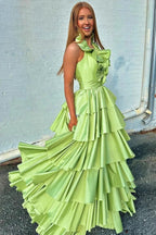 Flora | Halter Red Ruffle Tiered A-Line Prom Dress by KissProm