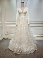 A Line Elegant Long Sleeves V Neck Beach Wedding Dress Bridal Gown WD551 by pgmdress