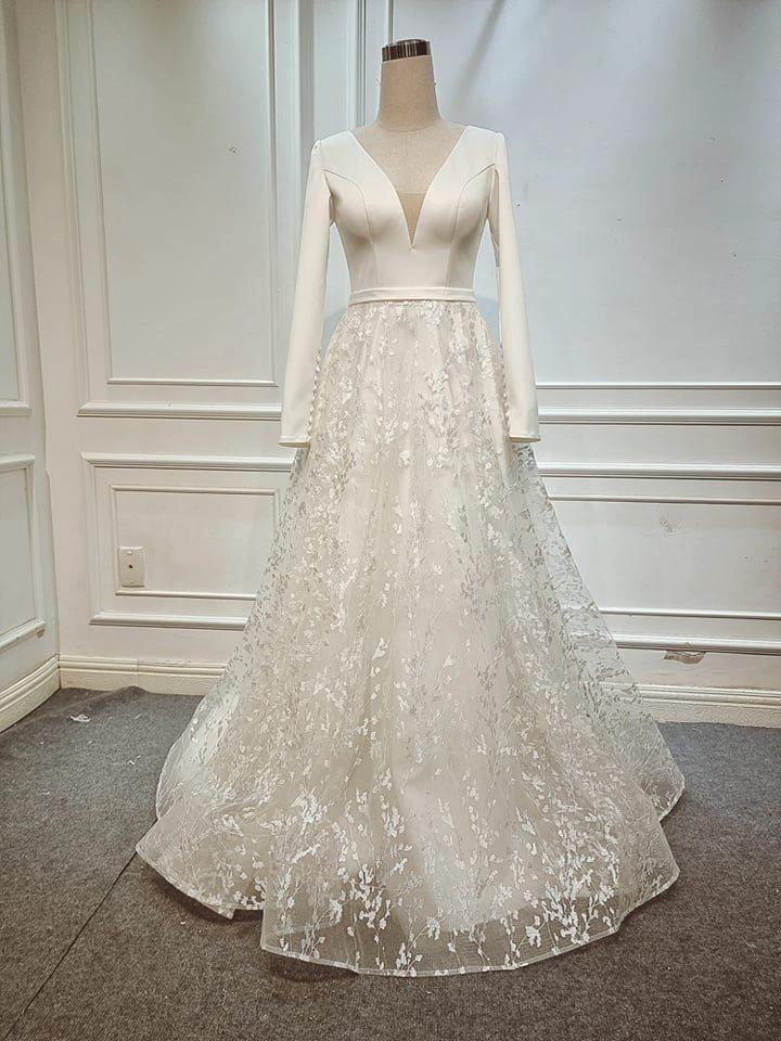 A Line Elegant Long Sleeves V Neck Beach Wedding Dress Bridal Gown WD551 by pgmdress