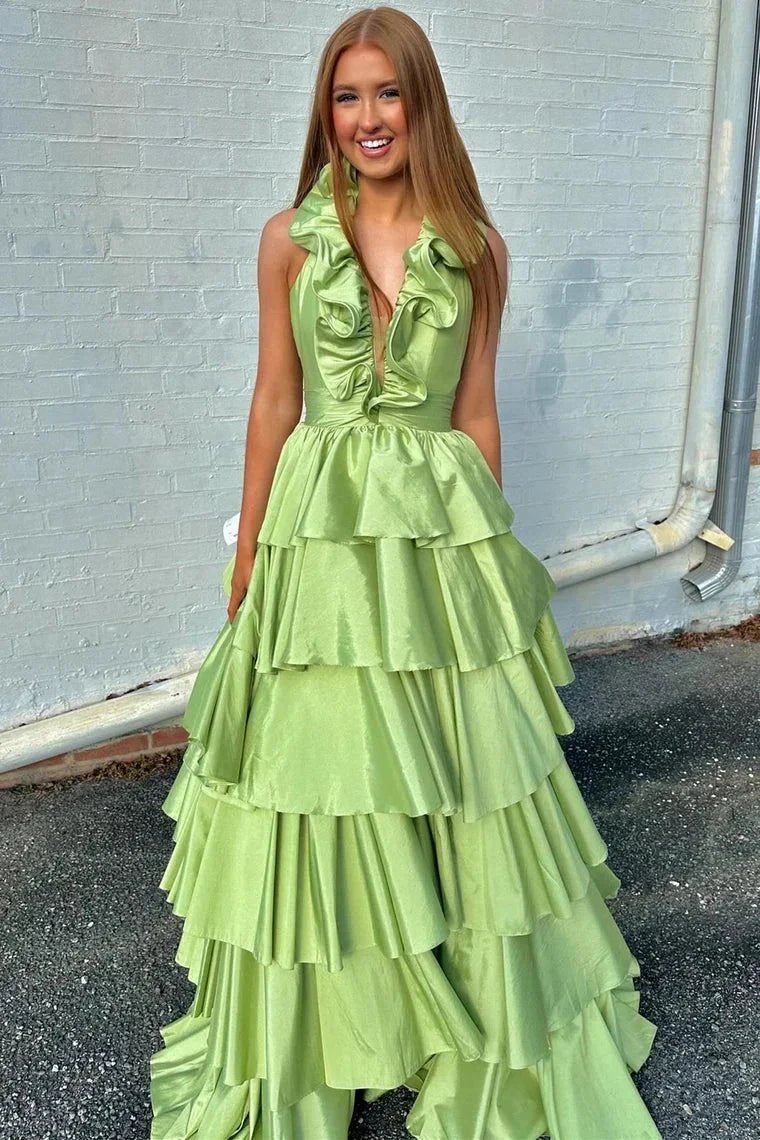 Flora | Halter Red Ruffle Tiered A-Line Prom Dress by KissProm