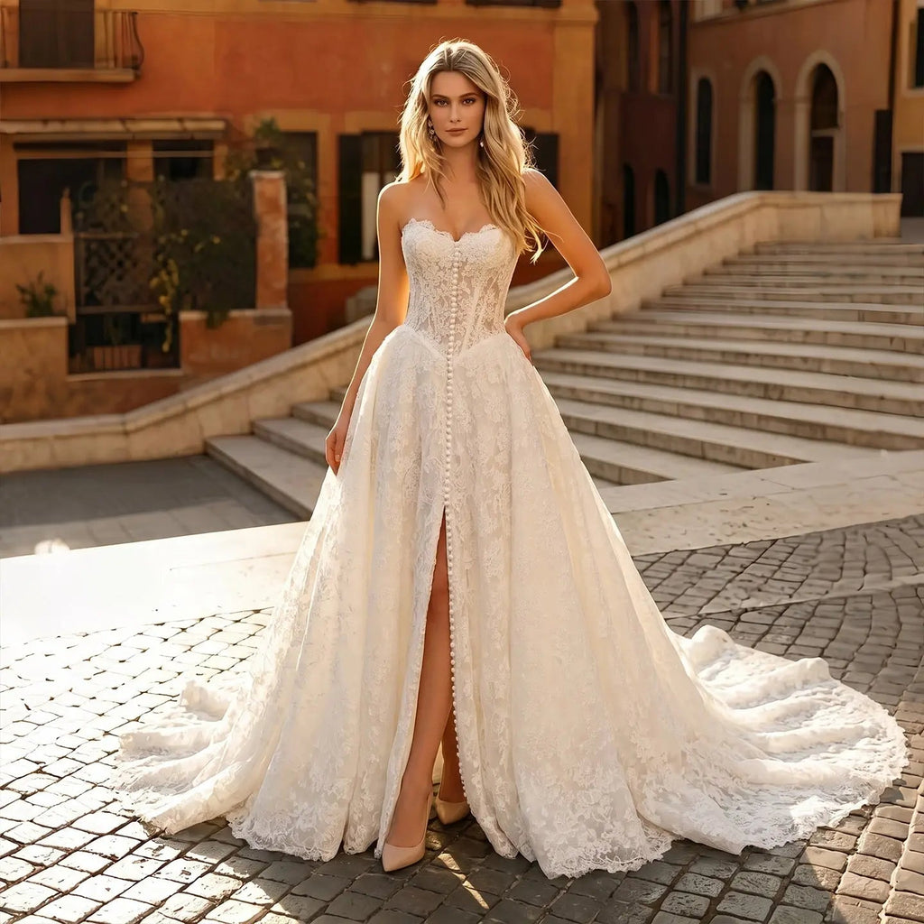 White Floral Lace Strapless Bridal Gown Sweetheart Neckline Front Button Ball Gown SW742