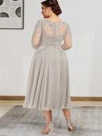 A-line Scoop Illusion Tea-Length Chiffon Lace Mother of the Bride Dress With Beading Sequins by Dreamylily