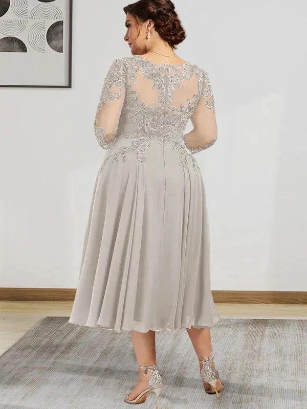 A-line Scoop Illusion Tea-Length Chiffon Lace Mother of the Bride Dress With Beading Sequins by Dreamylily