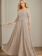 A-line V-Neck Floor-Length Lace Chiffon Mother of the Bride Dress With Sequins by Dreamylily