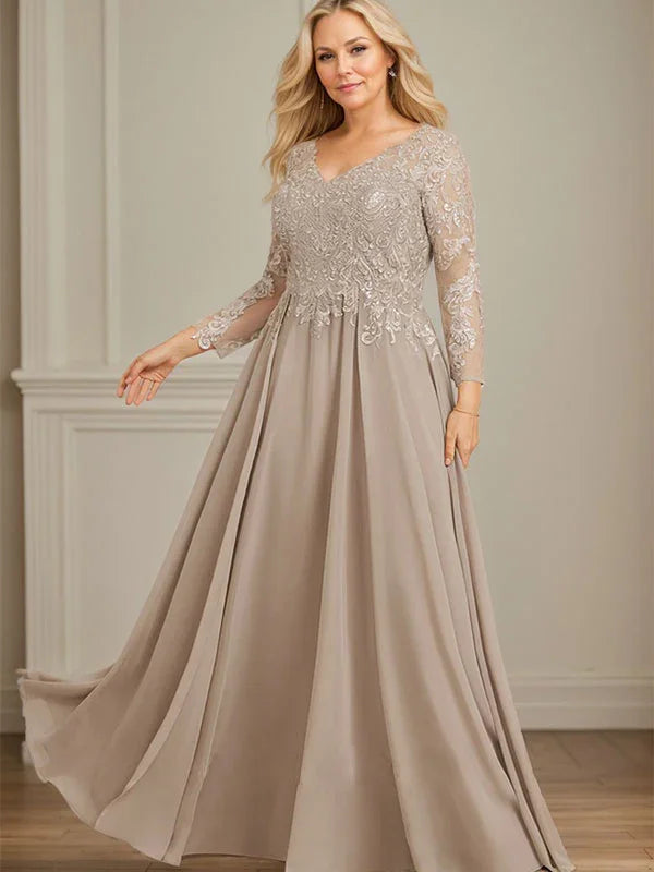 A-line V-Neck Floor-Length Lace Chiffon Mother of the Bride Dress With Sequins by Dreamylily