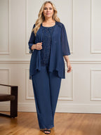 Separates Jumpsuit/Pantsuit Scoop Floor-Length Lace Chiffon Mother of the Bride Dress With Sequins