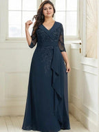 A-line Collared V-Neck Floor-Length Lace Chiffon Mother of the Bride Dress With Sequins Cascading Ruffles by Dreamylily