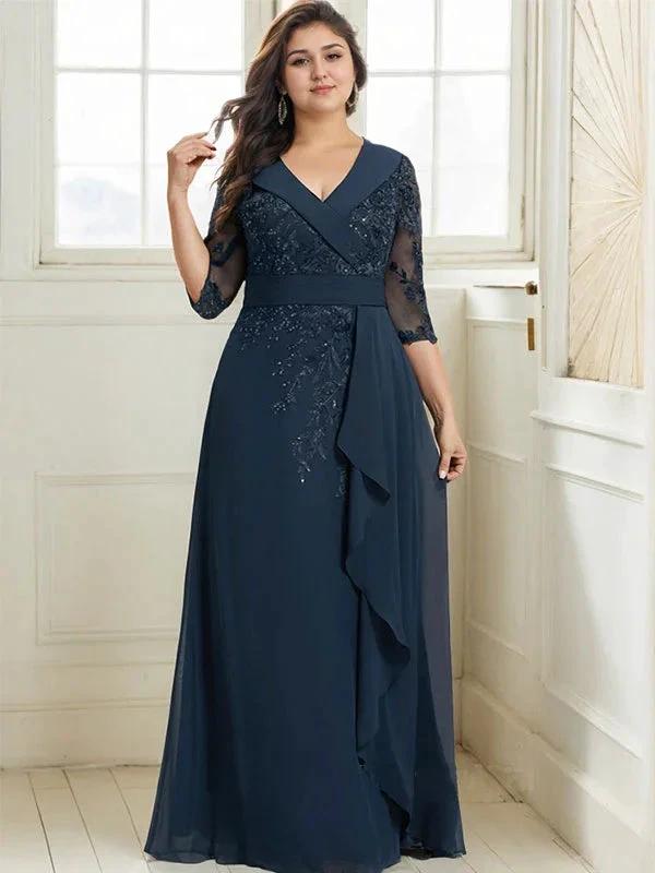 A-line Collared V-Neck Floor-Length Lace Chiffon Mother of the Bride Dress With Sequins Cascading Ruffles by Dreamylily
