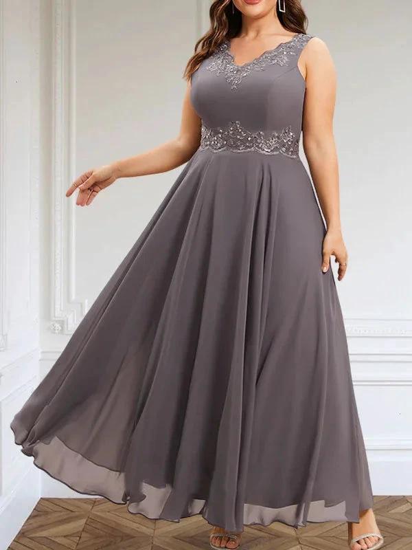 A-line V-Neck Ankle-Length Chiffon Mother of the Bride Dress With Sequins Appliques Lace Beading by Dreamylily