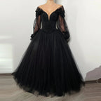 Black Luxury Gothic Wedding Dress 3D Floral Corset Tulle Ball Gown With Train  SW563