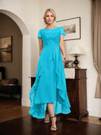 A-line Scoop Illusion Asymmetrical Chiffon Lace Mother of the Bride Dress With Bow Ruffle Sequins by Dreamylily