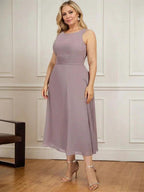 A-line Scoop Tea-Length Chiffon Mother of the Bride Dress With Pleated by Dreamylily