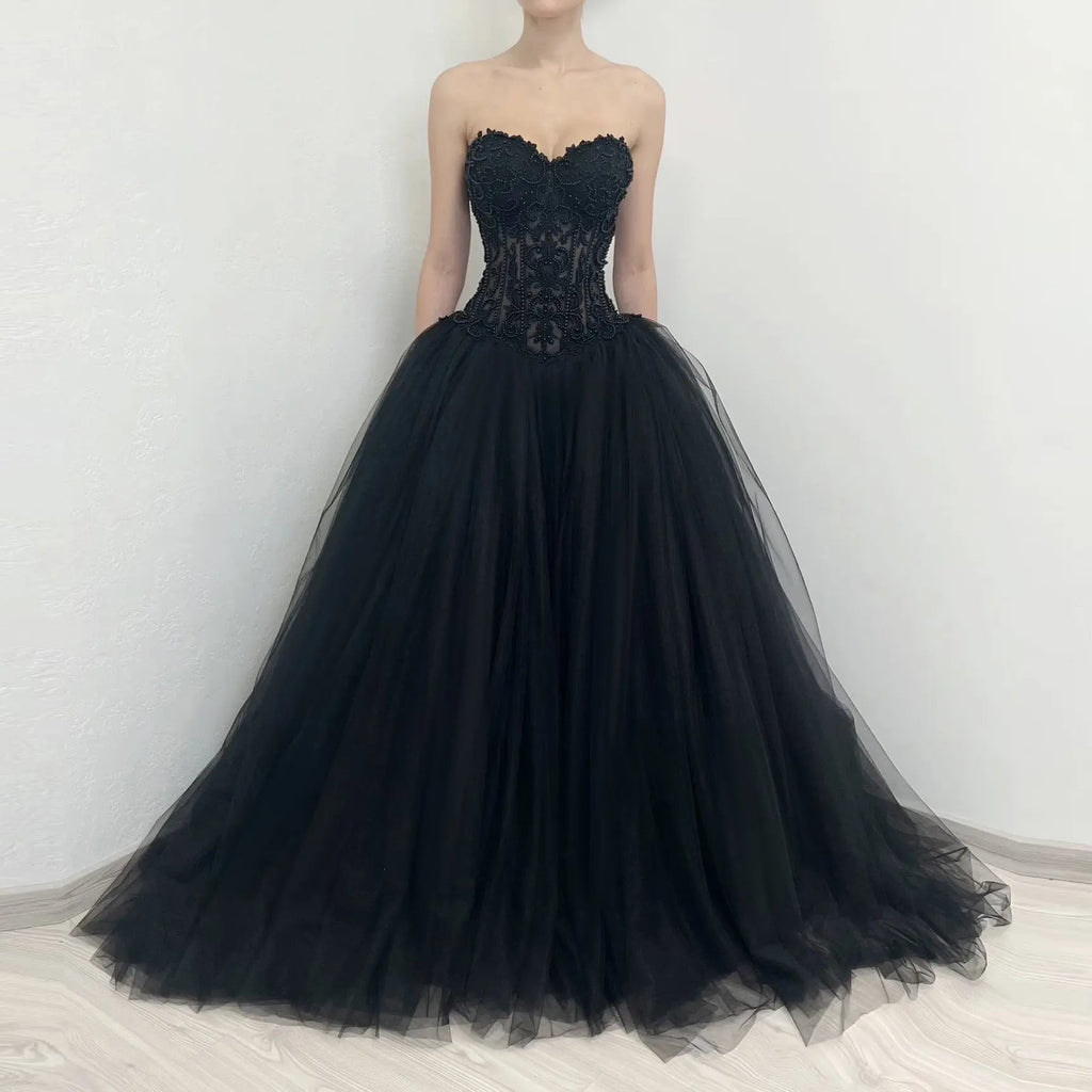 Black Lace Heavy Gothic Beading Wedding Dress Ballgown Corset Closure  SW567