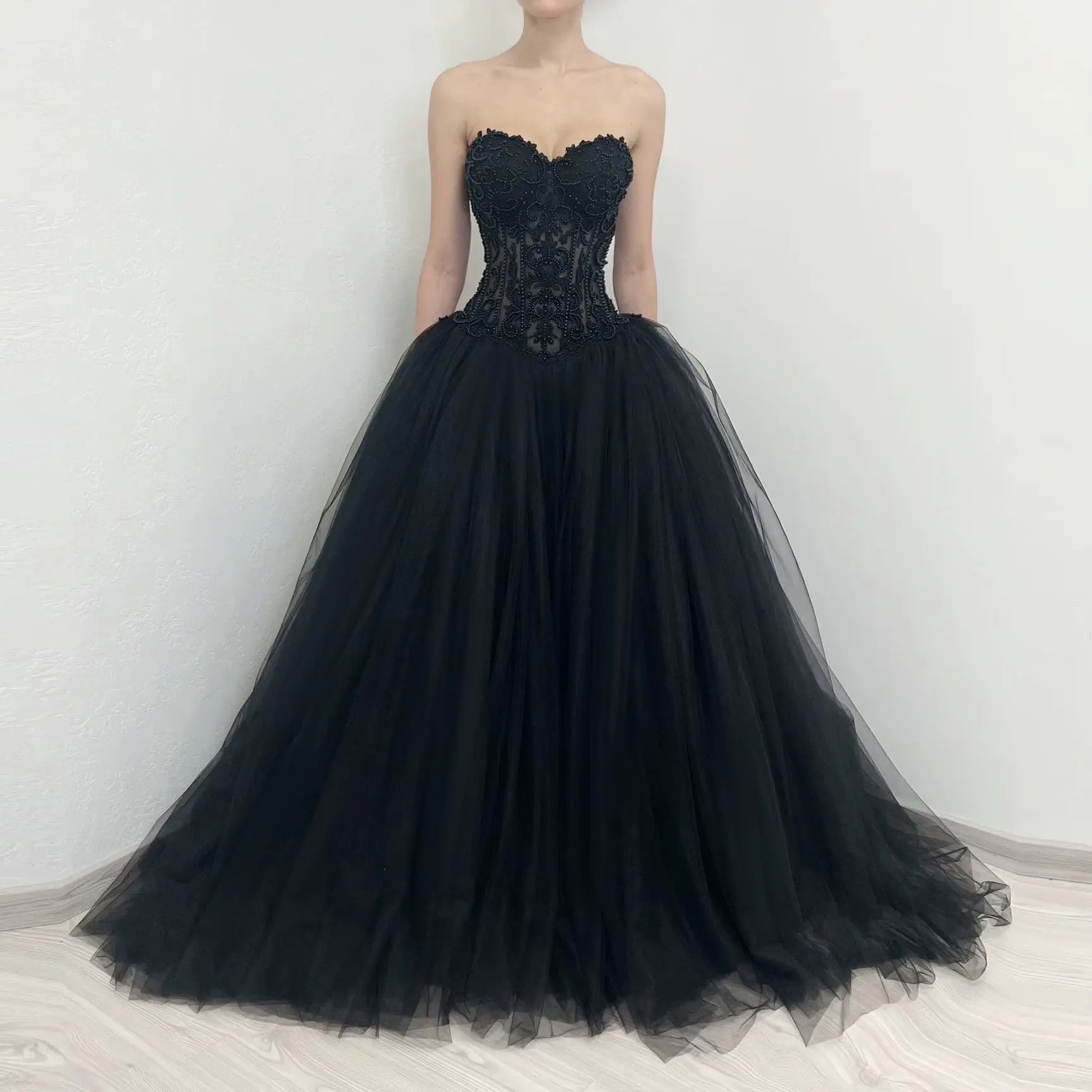 Black Lace Heavy Gothic Beading Wedding Dress Ballgown Corset Closure  SW567