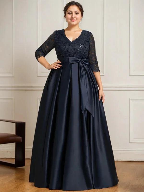 A-line V-Neck Floor-Length Satin Lace Mother of the Bride Dress With Sequins Bow by Dreamylily