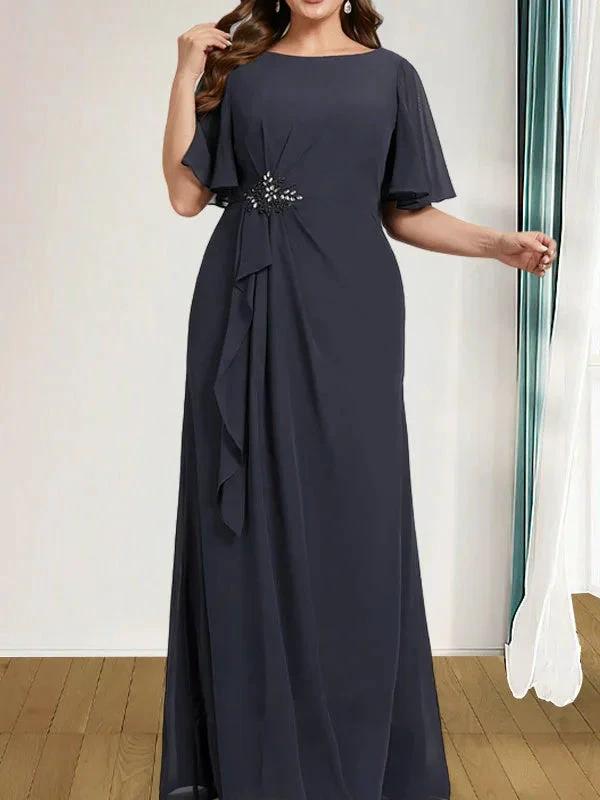 A-line Scoop Floor-Length Chiffon Mother of the Bride Dress With Cascading Ruffles Beading Sequins by Dreamylily