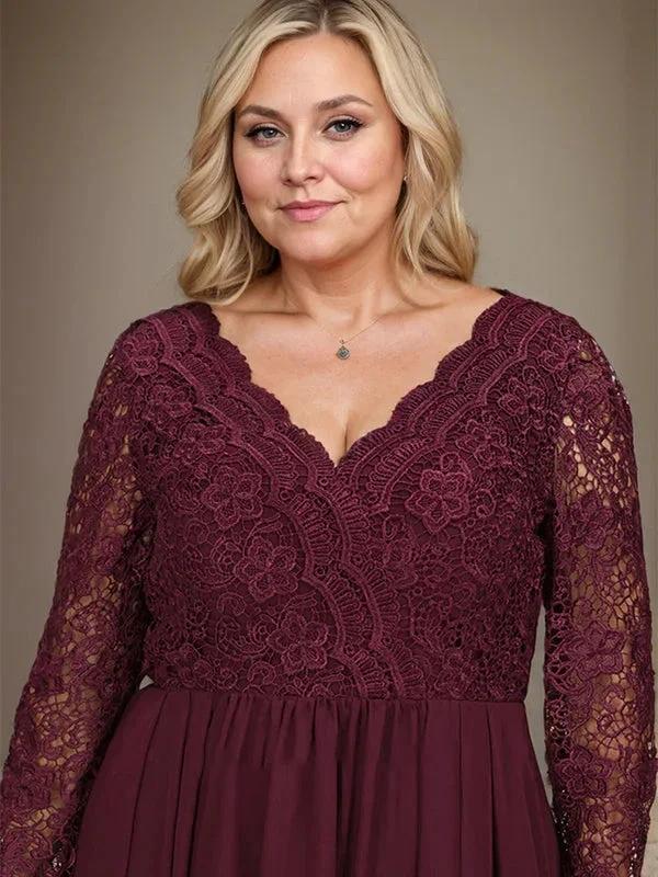 A-line V-Neck Asymmetrical Lace Chiffon Mother of the Bride Dress by Dreamylily