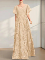 A-line V-Neck Floor-Length Lace Sequin Chiffon Mother of the Bride Dress With Pleated by Dreamylily