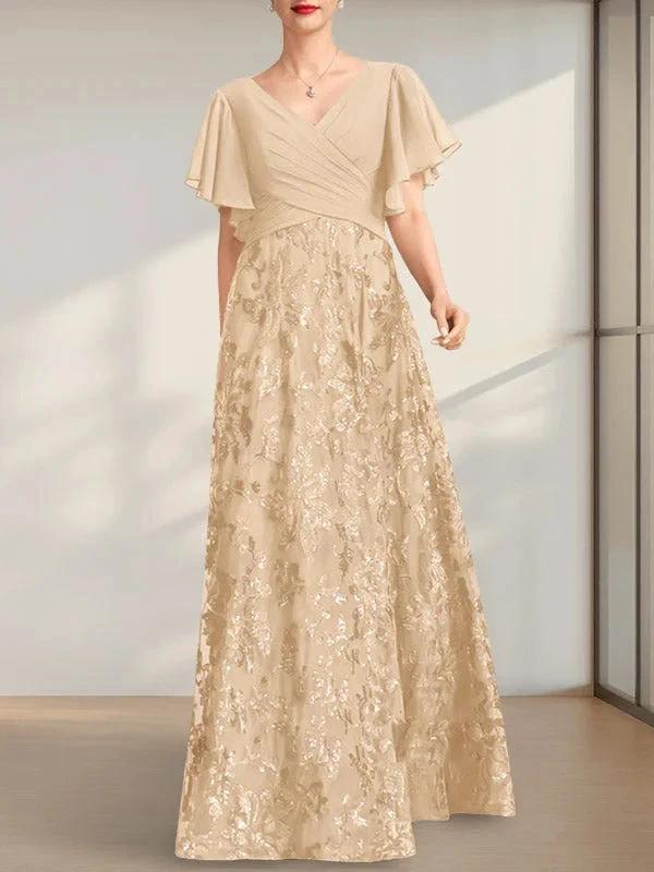 A-line V-Neck Floor-Length Lace Sequin Chiffon Mother of the Bride Dress With Pleated by Dreamylily