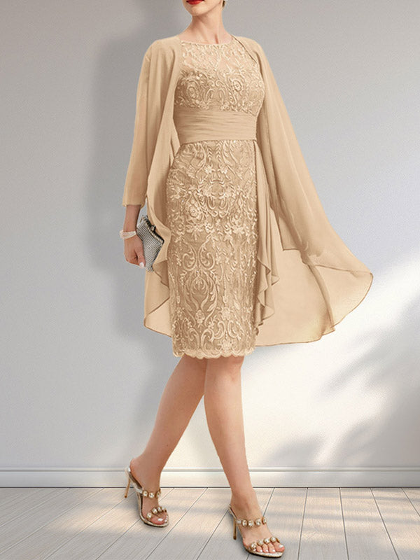 Sheath Scoop Illusion Knee-Length Lace Chiffon Mother of the Bride Dress With Cascading Ruffles Sequins