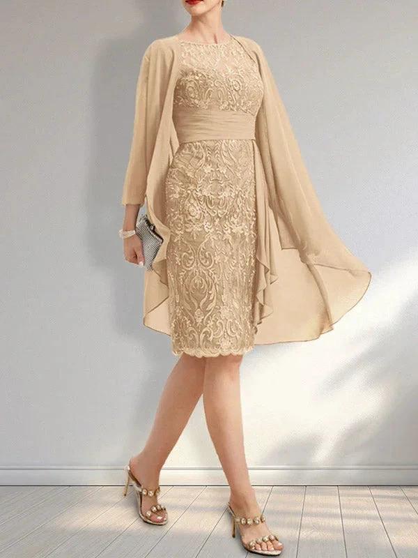 Sheath Scoop Illusion Knee-Length Lace Chiffon Mother of the Bride Dress With Cascading Ruffles Sequins by Dreamylily